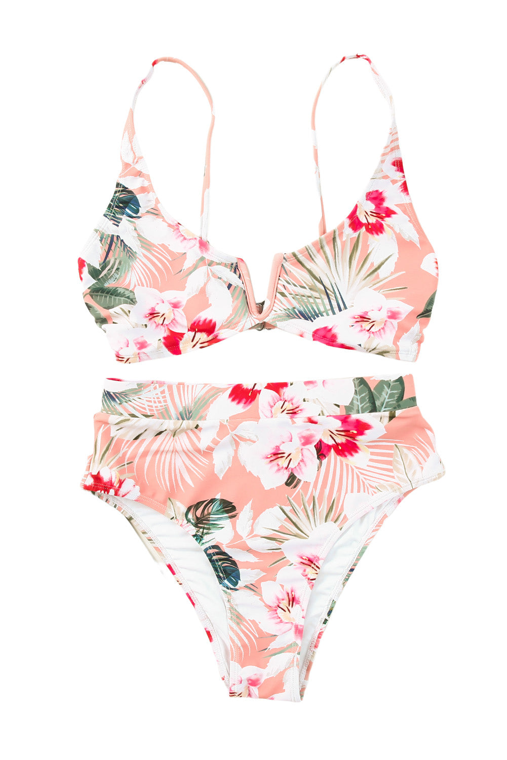 Orange Tropical Floral Print High Waist Bikini