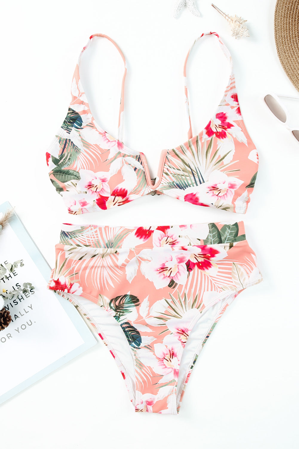 Orange Tropical Floral Print High Waist Bikini