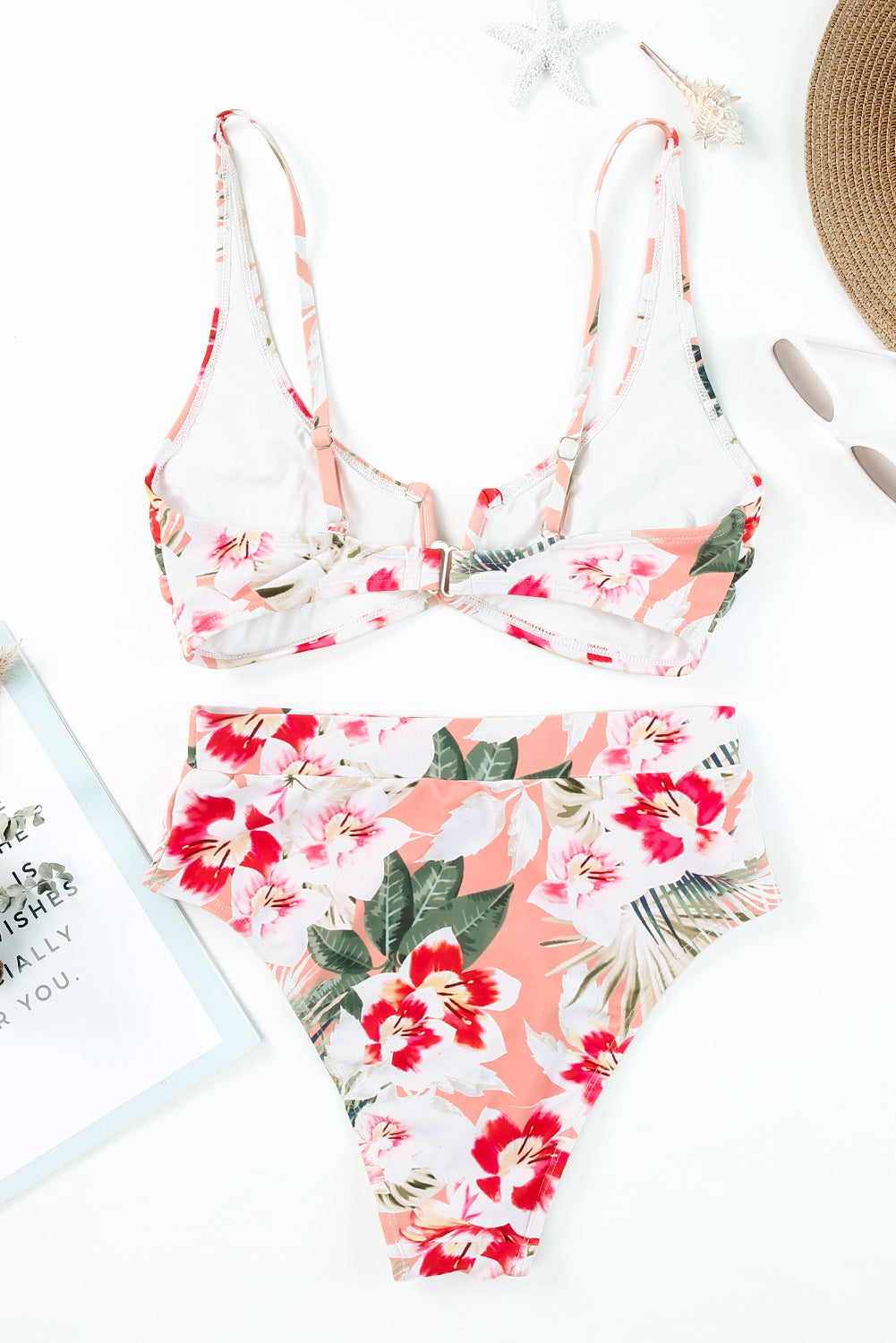 Orange Tropical Floral Print High Waist Bikini