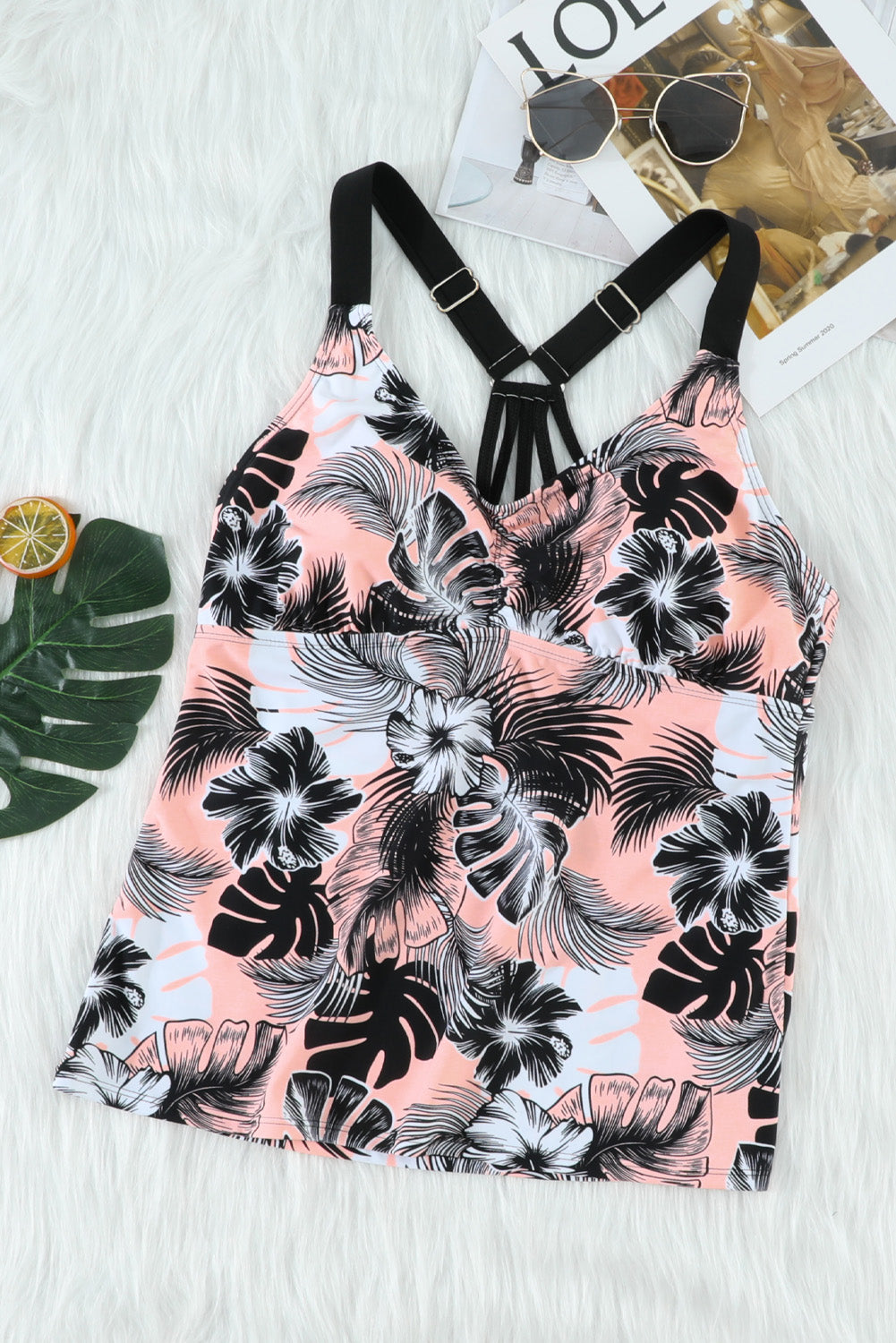 Pink Floral Printed Strappy Raceback Swimwear Top