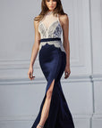 High Neck Lace Slit Maxi Dress