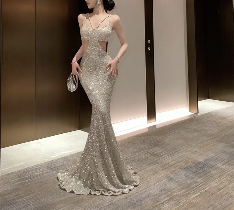 VERV sparkling silver cutout evening sequin gown