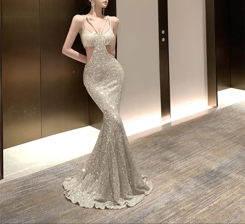 VERV sparkling silver cutout evening sequin gown