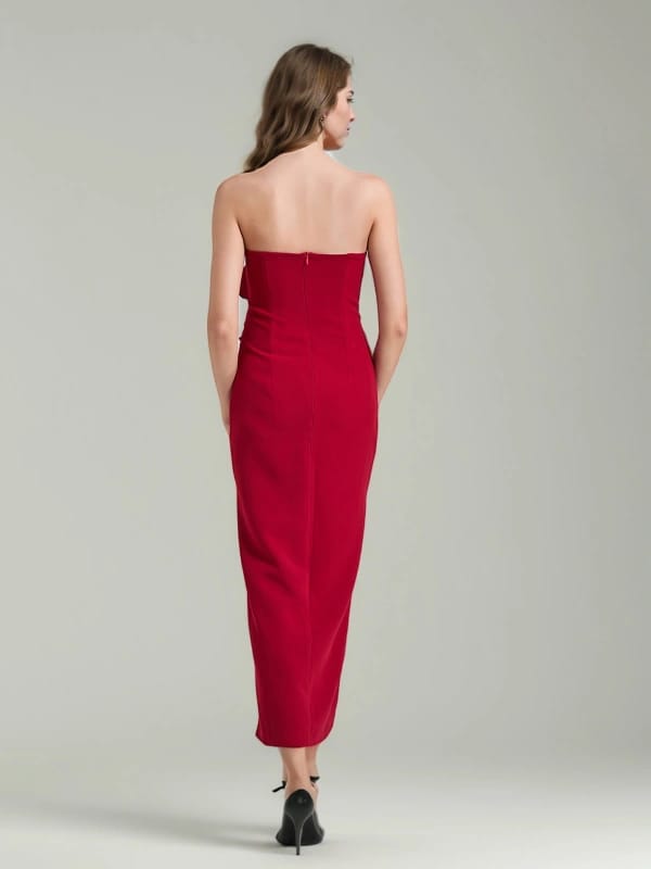 Daphne Rose Detail Strapless Slit Midi Dress