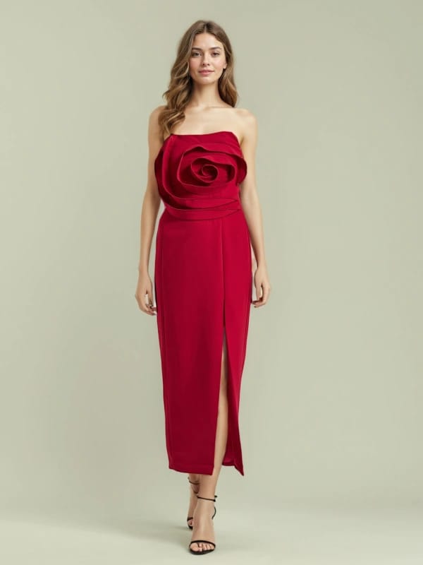 Daphne Rose Details Strapless Slit Midi Dress
