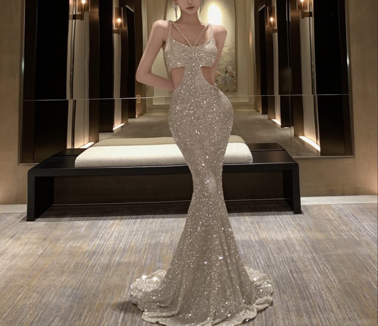 VERV sparkling silver cutout evening sequin gown
