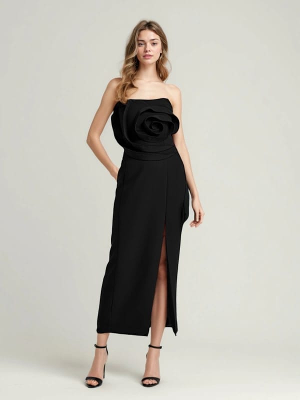 Daphne Rose Details Strapless Slit Midi Dress
