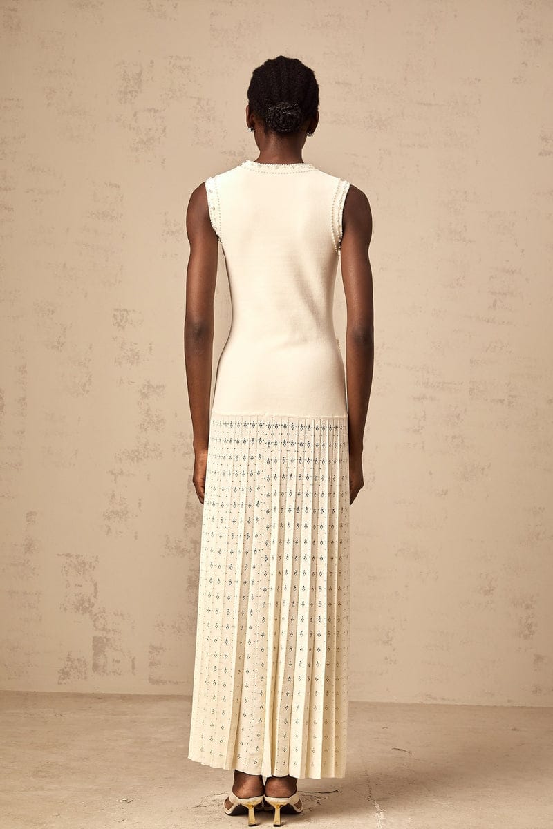 VERV Sondra Beige Knit Pleated Maxi Dress