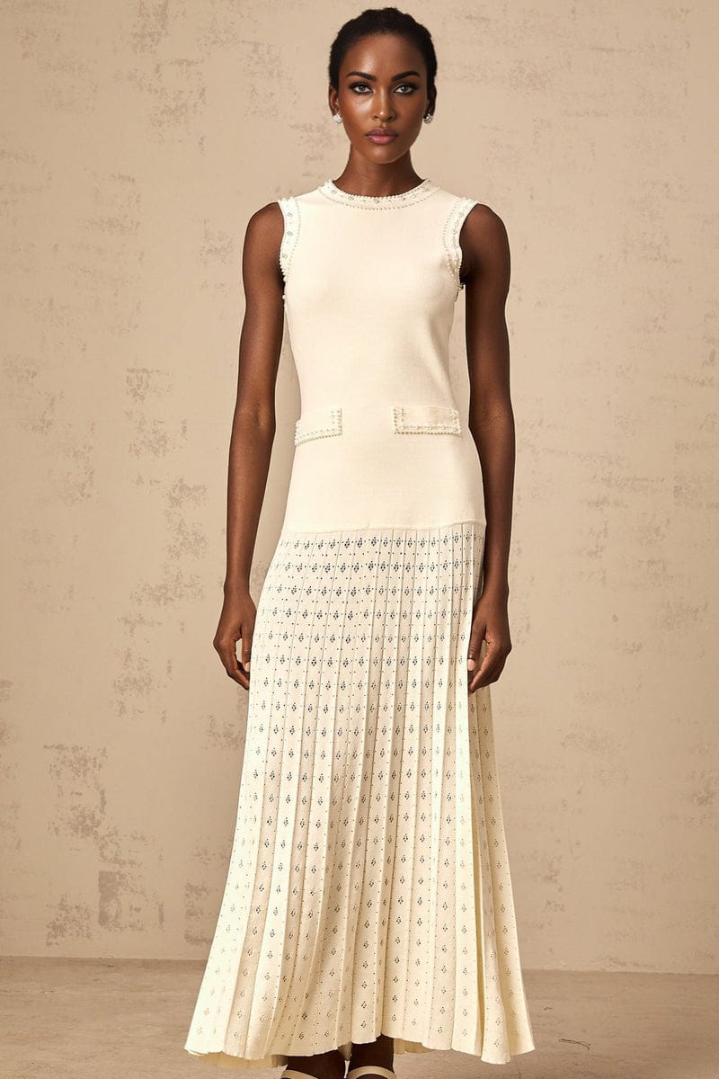 VERV Sondra Beige Beaded Knit Pleated Maxi Dress